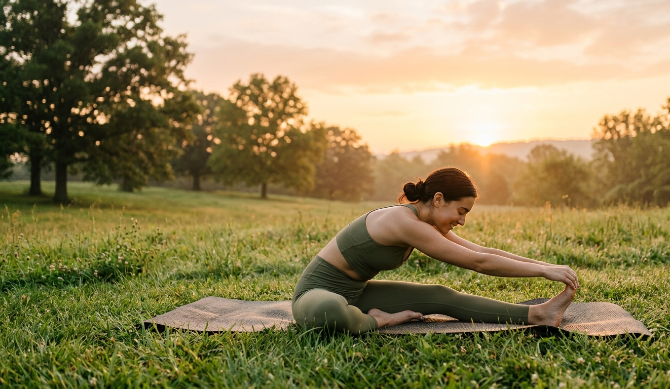 Ranné cvičenie v prírode — strečing pri východe slnka
